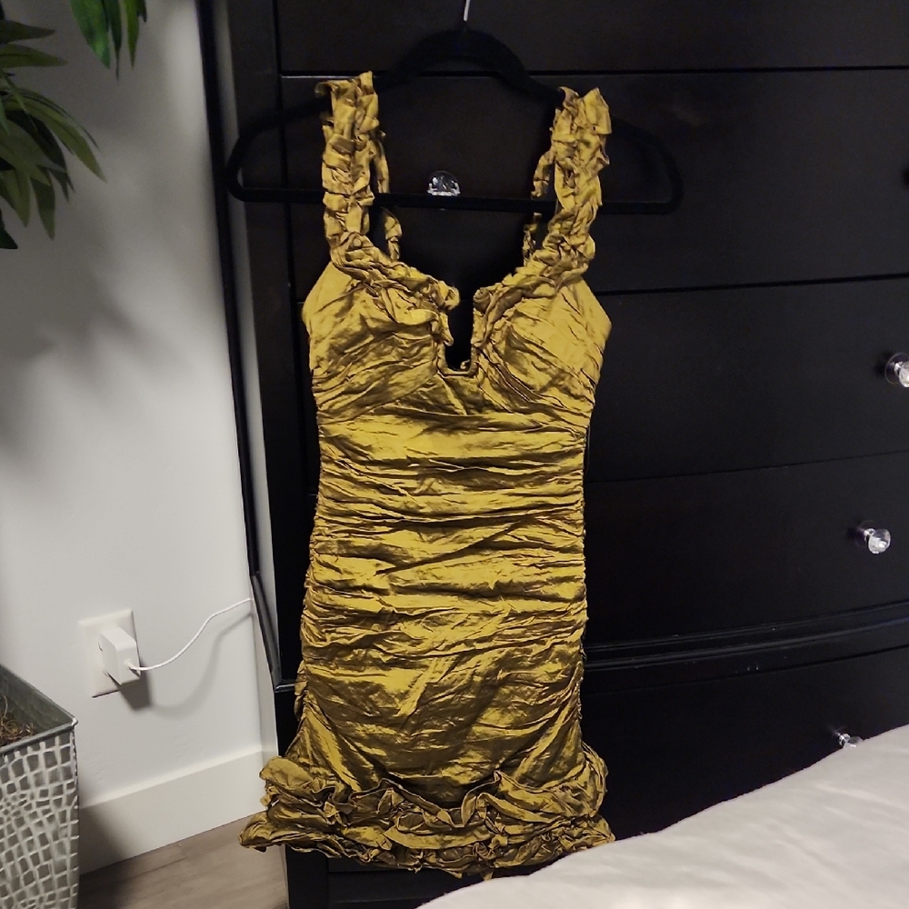 BCBGMaxAzria Metallic Olive Ruffle Dress Size Small